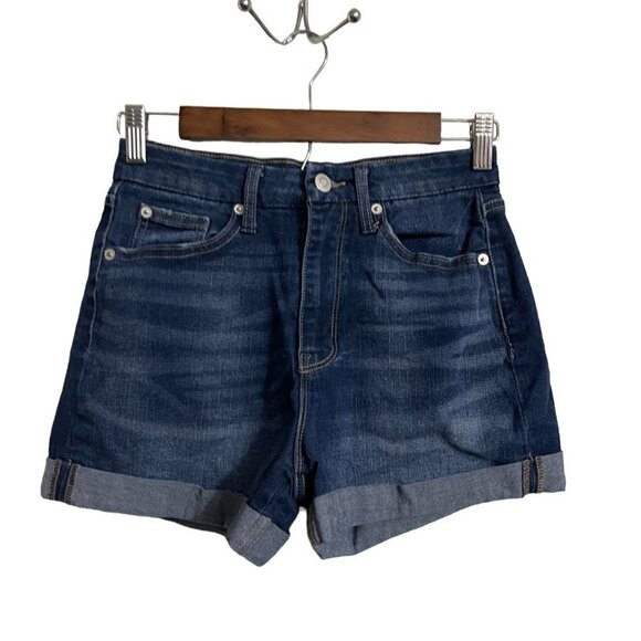 No Boundaries Womens Juniors High Rise Dark Wash Cuffed Stretch Jean Shorts Sz 7 - Picture 1 of 9